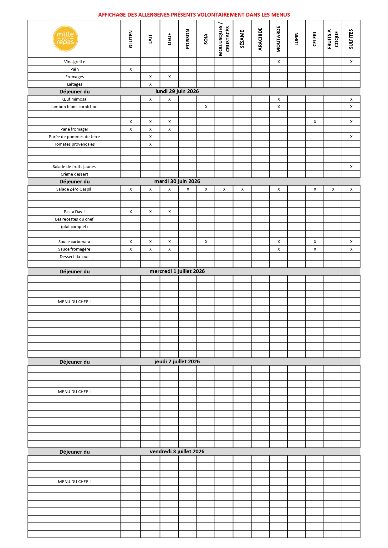 Menus Collège