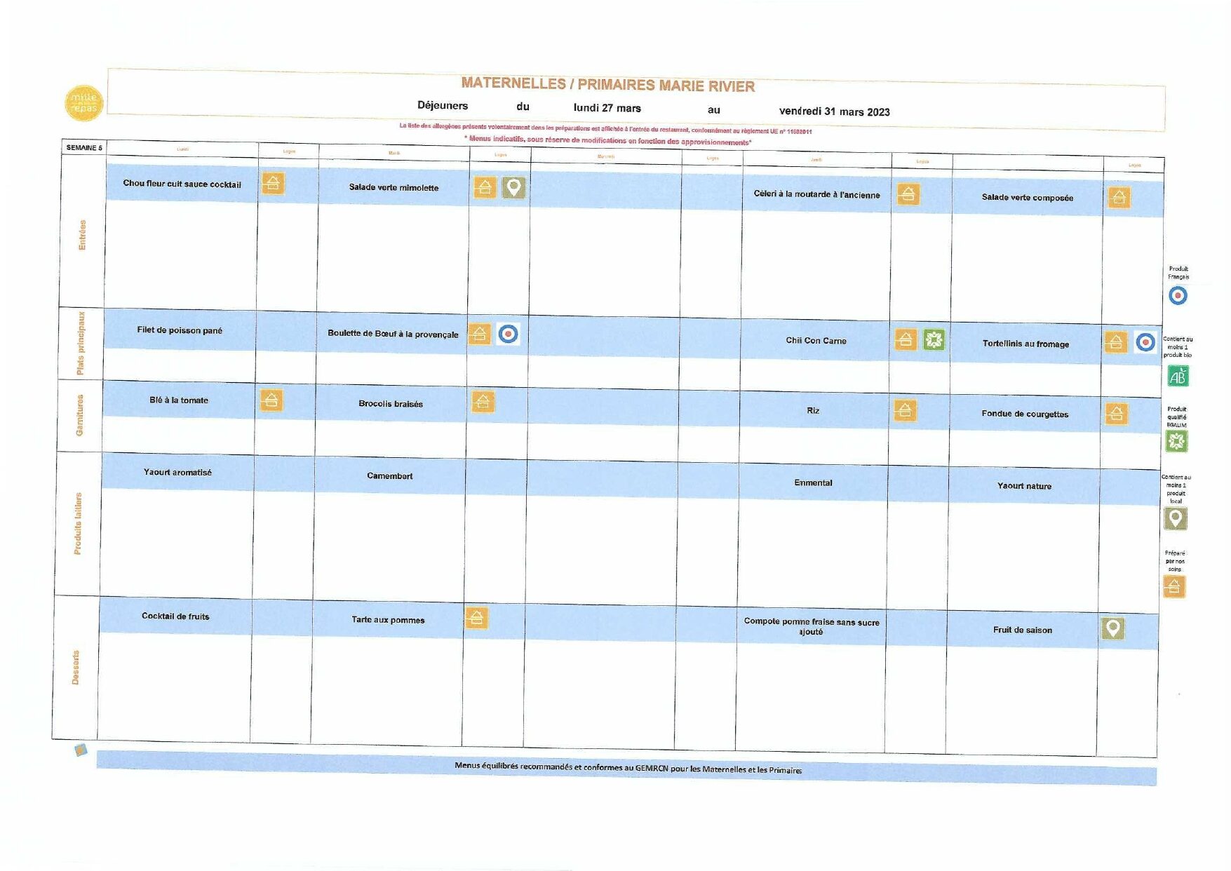 Menus maternelles primaires du 27 au 31 mars 2023